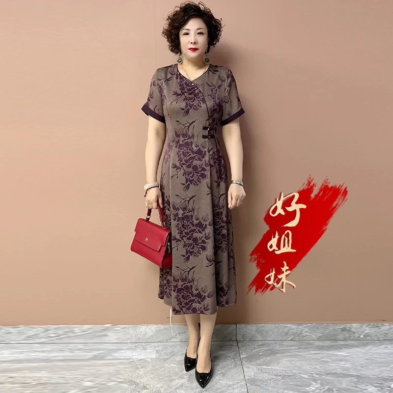 H夏季新款高档桑蚕丝旗袍裙子中老年妈妈收腰显瘦桑蚕丝连衣裙