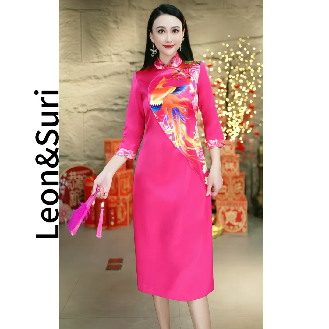 Leon&Suri “绯红胭脂”新款显瘦修身气质设计款国风旗袍连衣裙