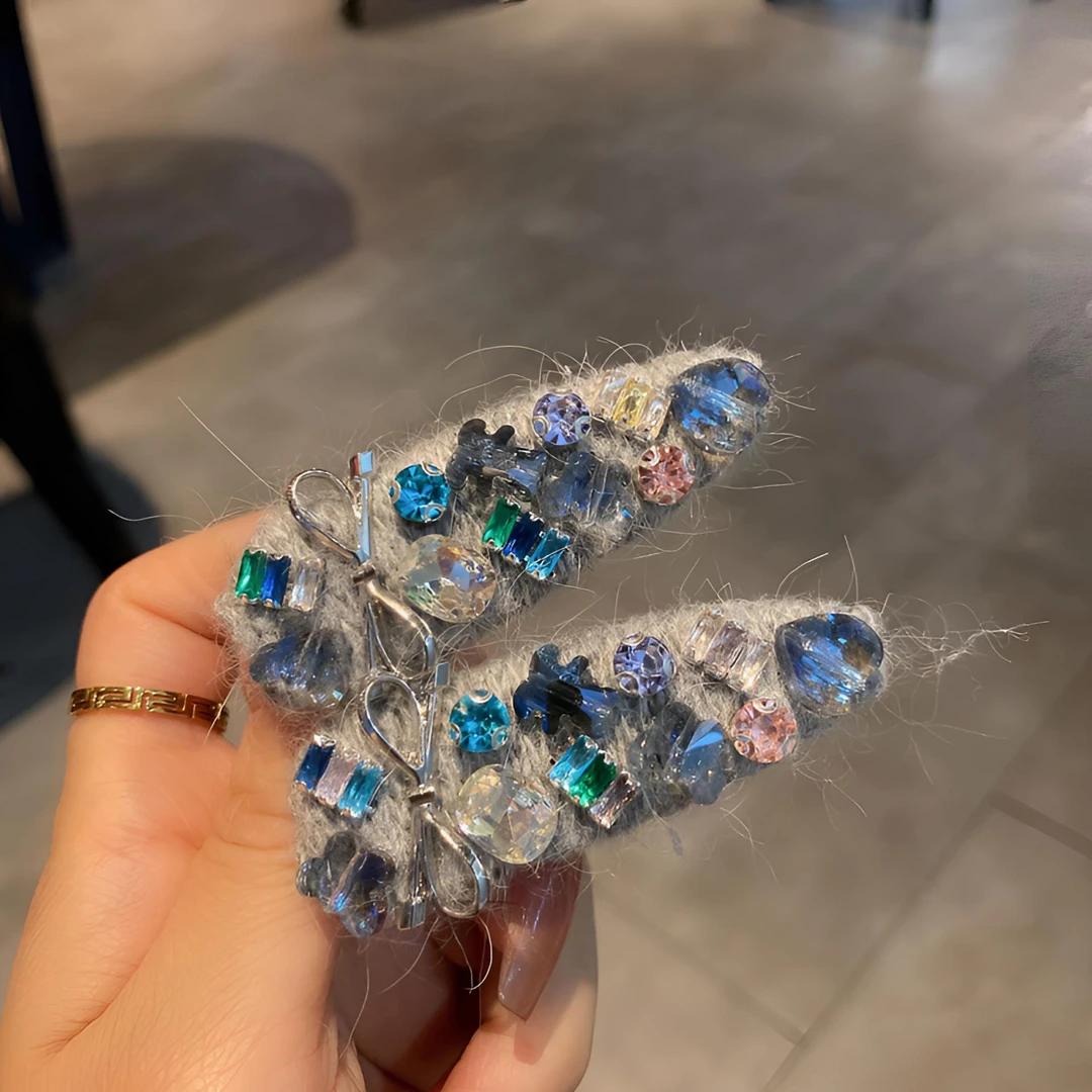 重工彩钻毛线边夹高级感灰色侧边碎发鸭嘴夹精致发夹轻奢发卡发饰