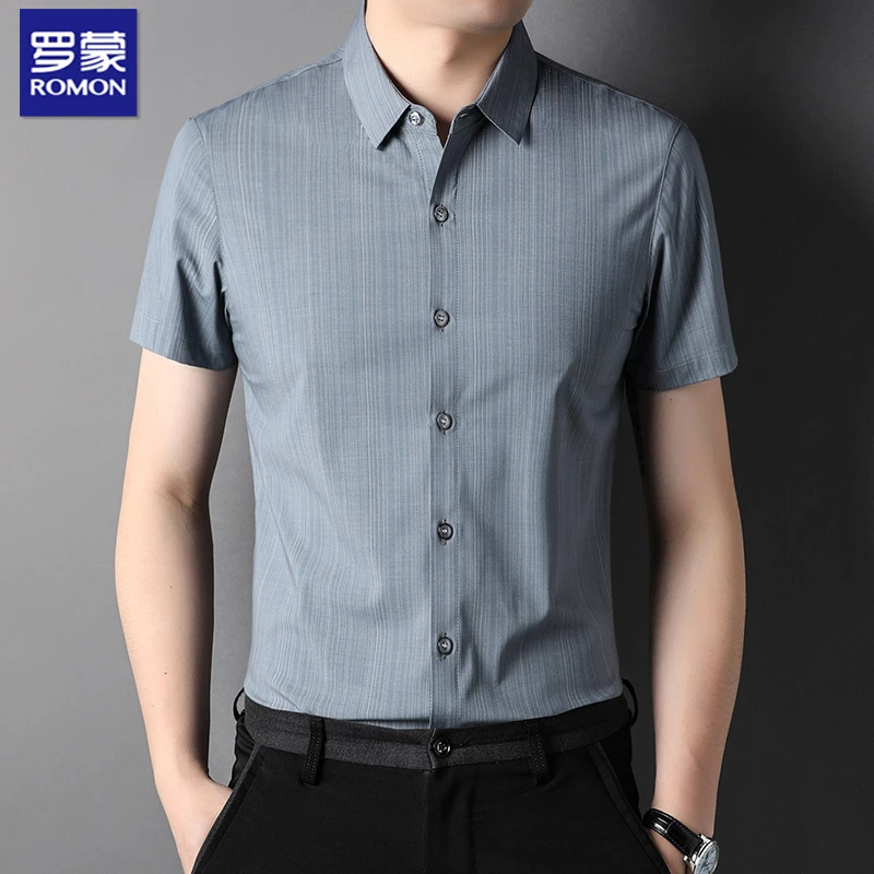 罗蒙短袖衬衫男士夏季翻领凉感寸衫上衣商务休闲竖条纹半袖衬衣男