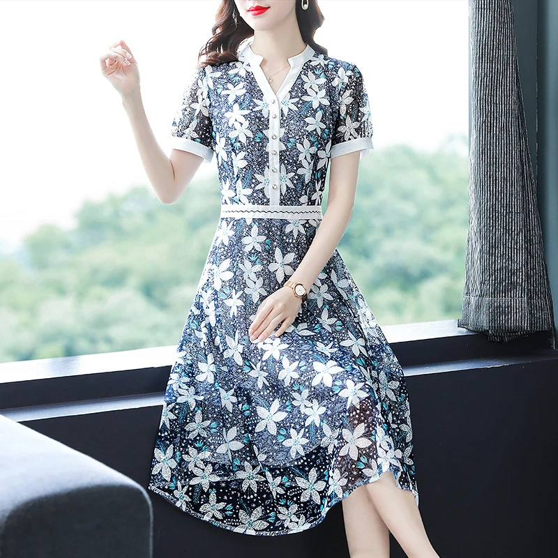 【品牌特价】85108夏季蕾丝高档大码印花中长裙