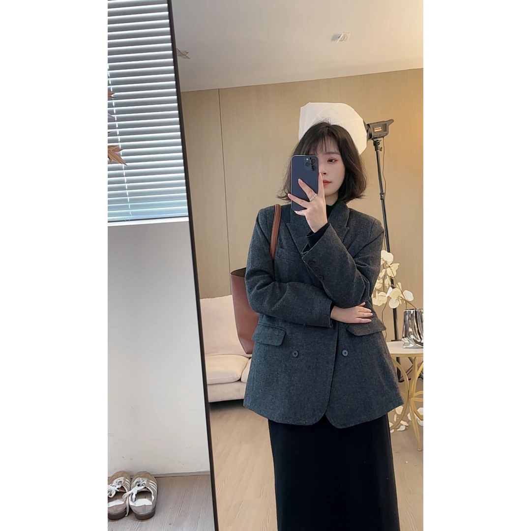 大鱼定制  冬季新款加厚羽绒西装外套白鸭绒内胆双排扣呢子大衣