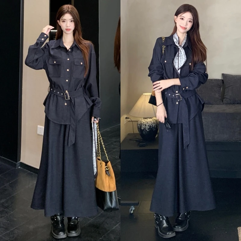 大码胖mm牛仔翻领长袖衬衫女时髦设计感系带气质时尚两件套装女