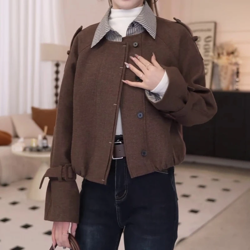 2025秋冬新款时尚气质格子拼接条纹休闲外套女高级感韩系百搭上衣