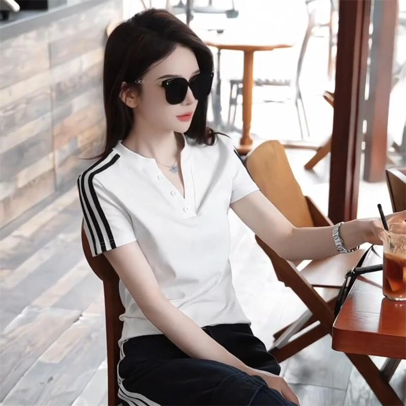 撞色气质简约设计感T恤2025夏季新款韩系淑女洋气显瘦修身上衣潮