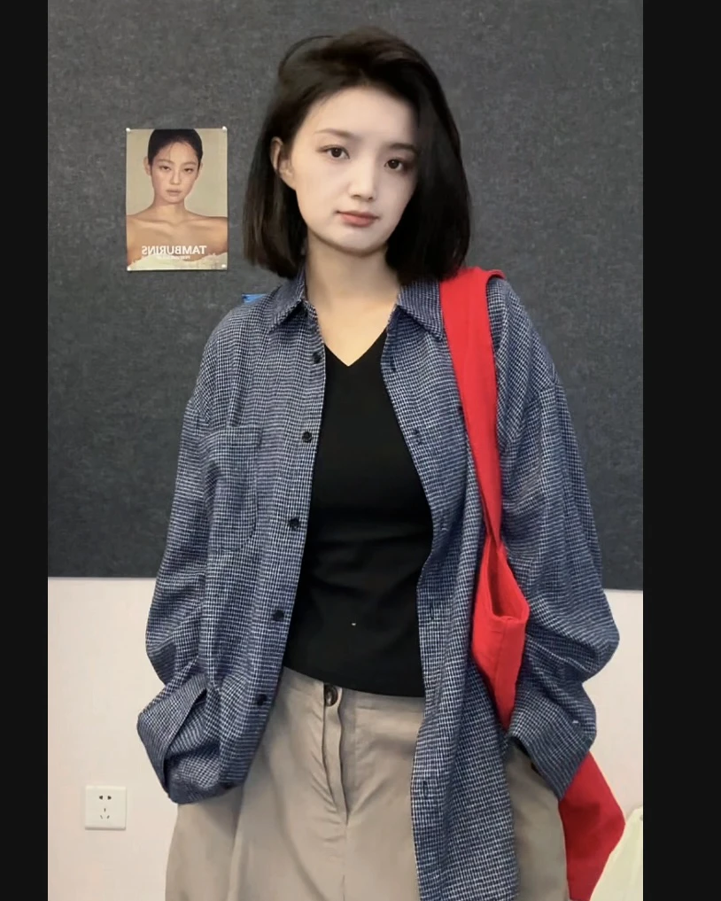 蓝色格子磨毛长袖衬衫女春季宽松慵懒风休闲通勤衬衣