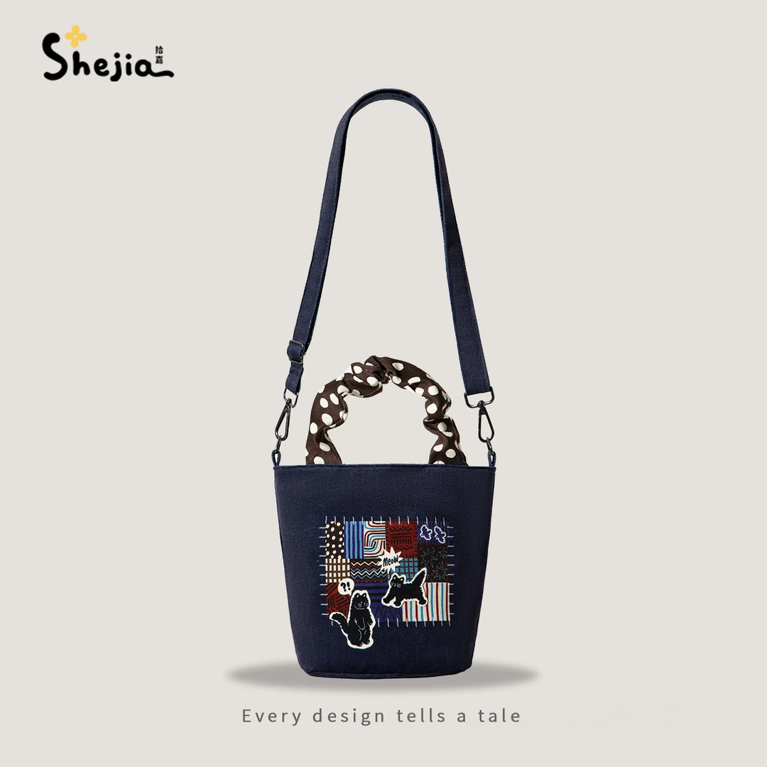 【升级拉链赠化妆包】炸毛小猫猫单肩斜挎拉链大水桶包原创百搭通勤