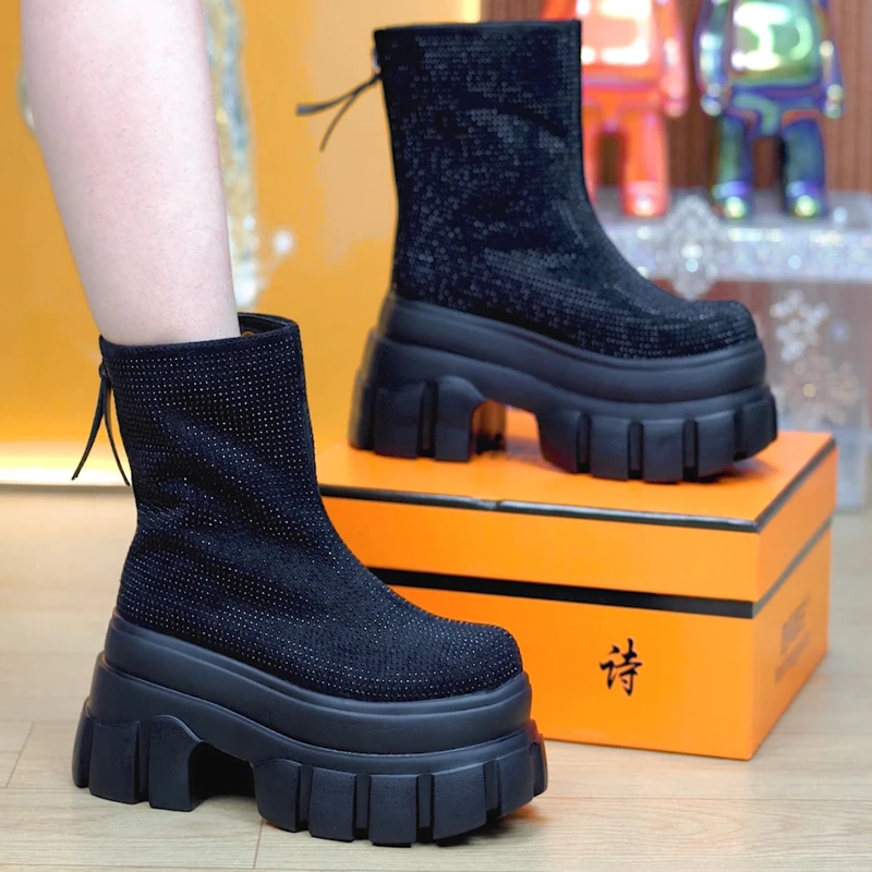 【棉】9cm重工满钻厚底马丁靴女2025秋冬小个子百搭增高休闲短靴