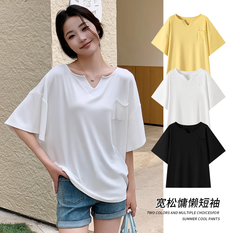 醉梓菡慵懒风宽松短袖t恤女夏季新款大码设计小众口袋V领外穿上衣