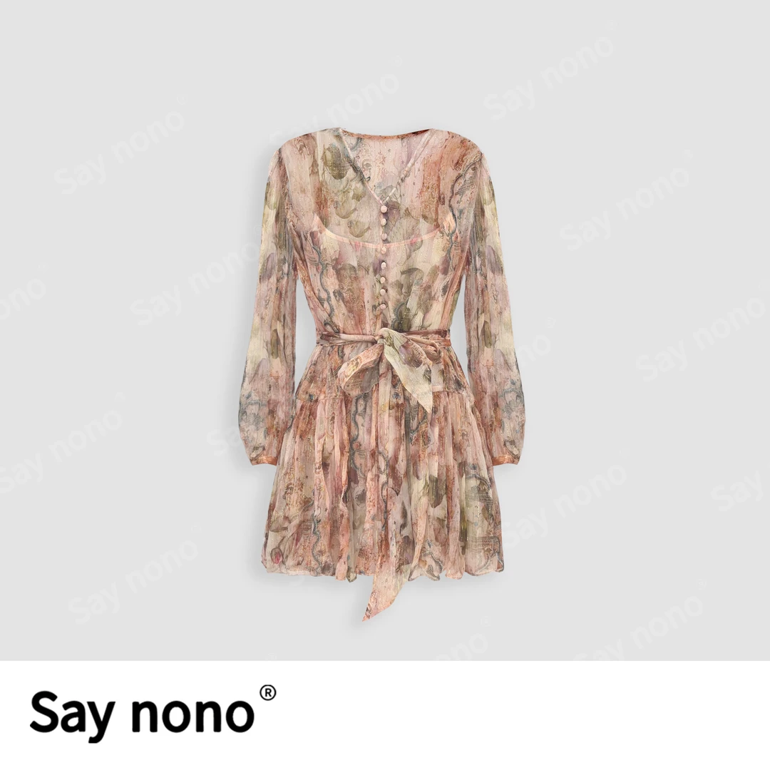 懒猫nono│Saynono 优雅时尚氛围感度假风印花真丝连衣裙H06915X