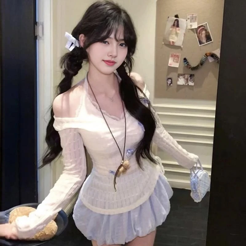 【8504】大码女装胖mm挂脖蕾丝假两件长袖T恤修身纯欲性感风上衣