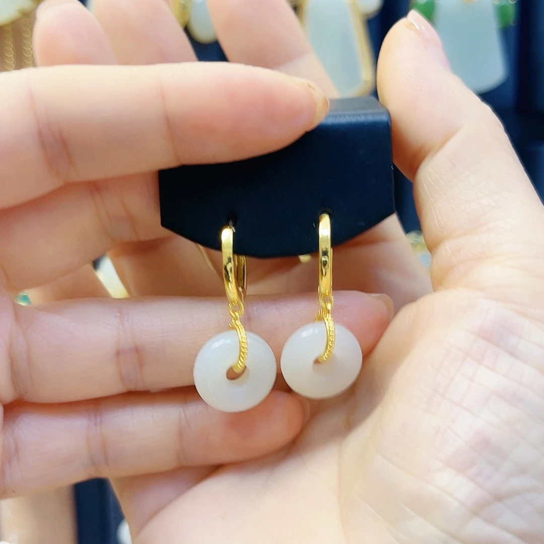 和田玉银S925镀金镶嵌耳饰