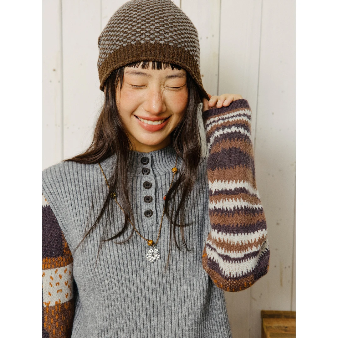 章鱼家【民族拼接风】秋季图腾撞色纹理毛针织衫小狗印花octopusme