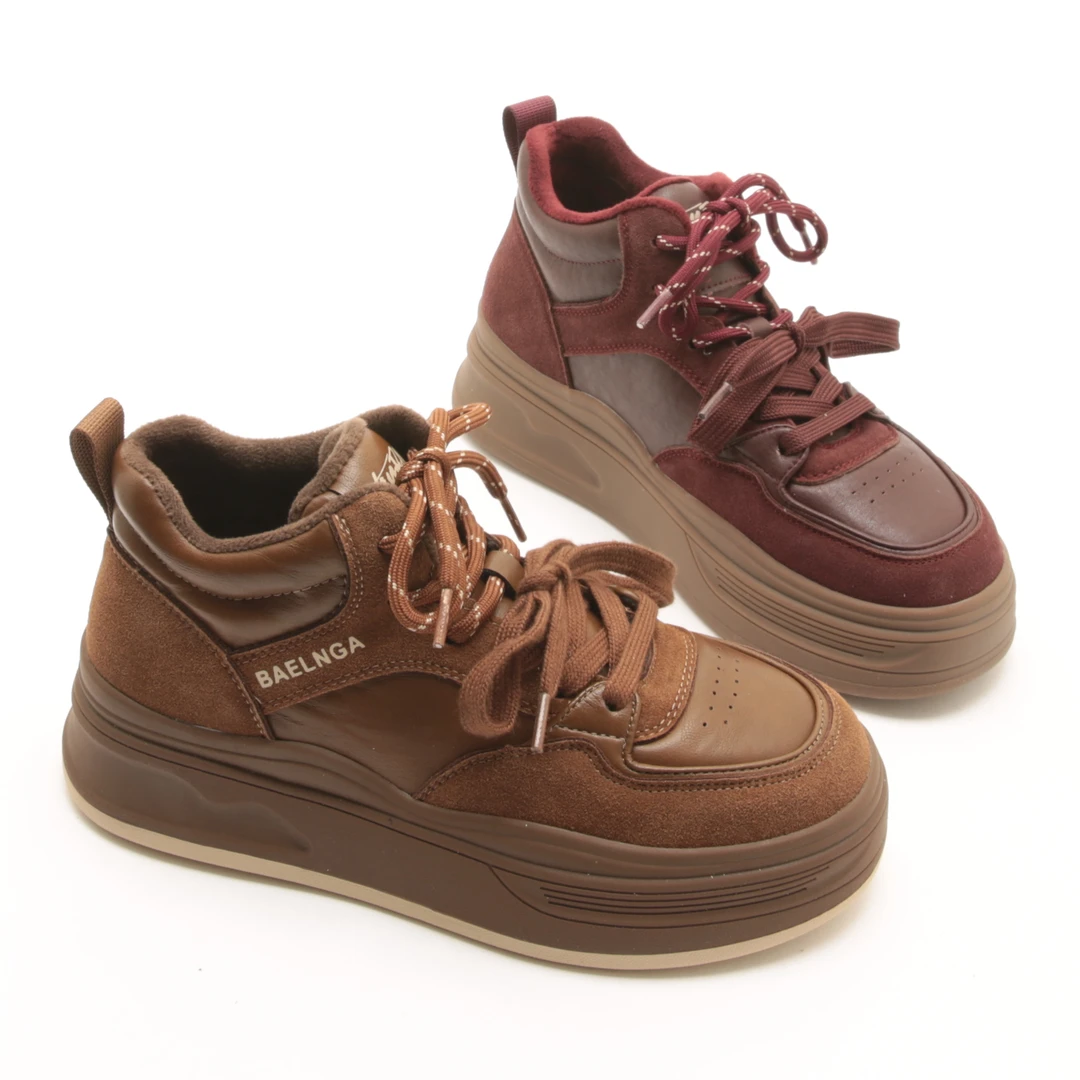 5571冬季新款圆头双系带加绒板鞋女厚底保暖休闲棉鞋