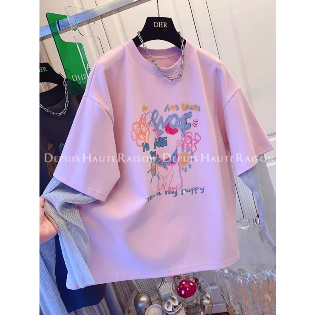 大码240斤涂鸦假两件网纱长袖T恤宽松胖妹妹上衣女装2025春季新款