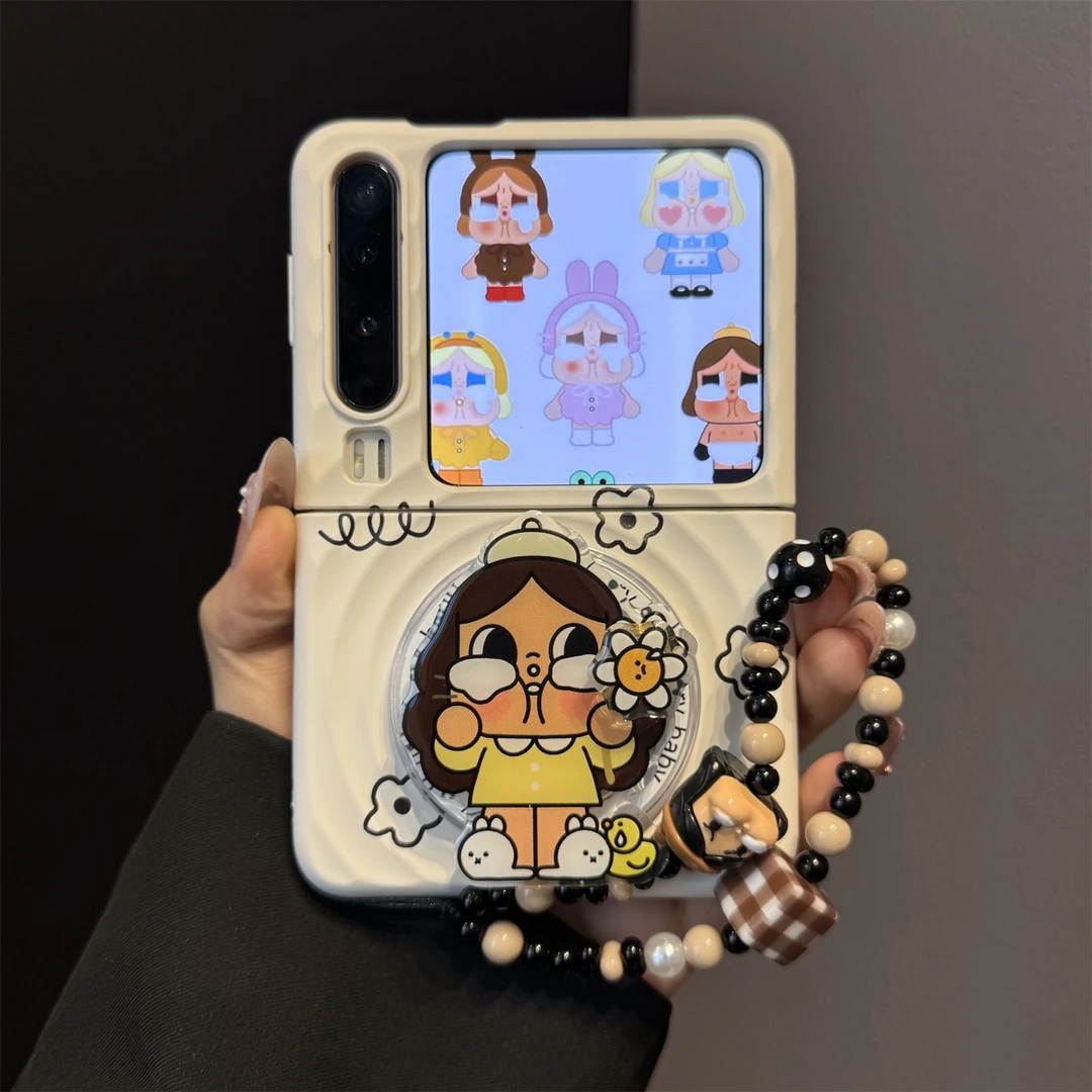 适用华为purax典藏版折叠屏手机壳pocket2波漾纹哭娃旋转花朵支架