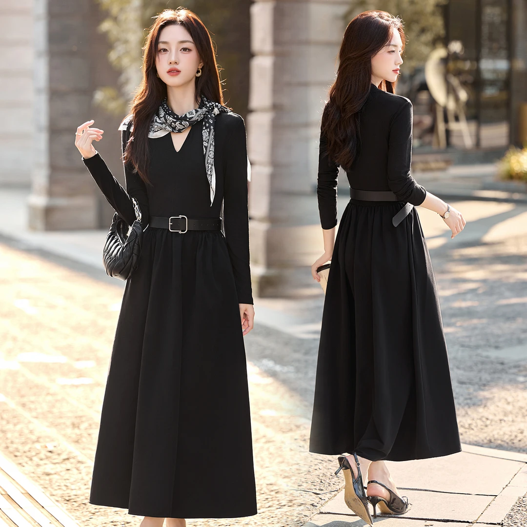 2025秋冬新款赫本风气质v领针织拼接长袖连衣裙女收腰修身长裙女