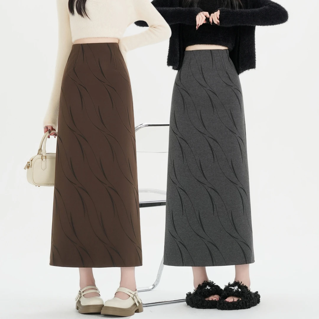 拉夏贝尔小众设计感复古毛呢半身裙女秋冬显瘦高腰半裙直筒裙女