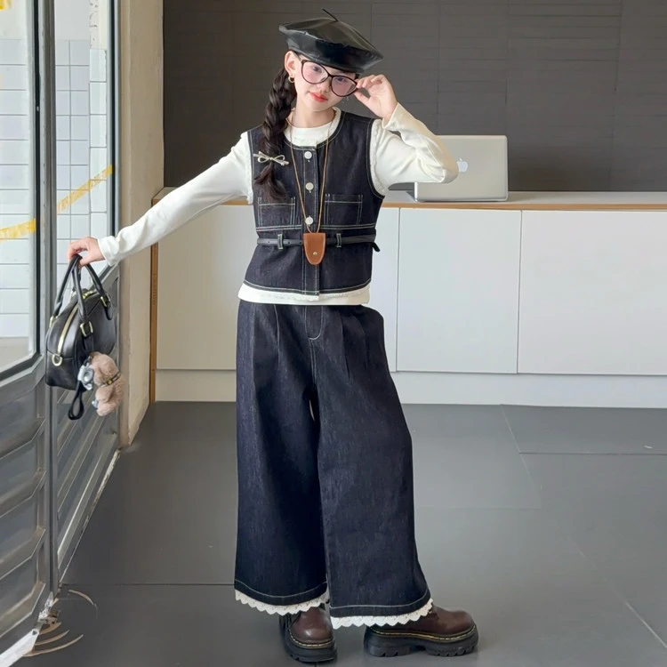 女童套装秋装2025新款长袖T恤牛仔马甲阔腿裤三件套大童时髦衣服