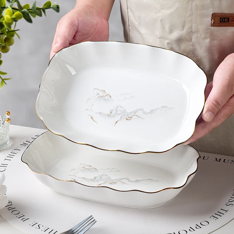 电光金山水花边鱼盘陶瓷沙拉水果盘烤盘多功能深盘釉下彩可微波