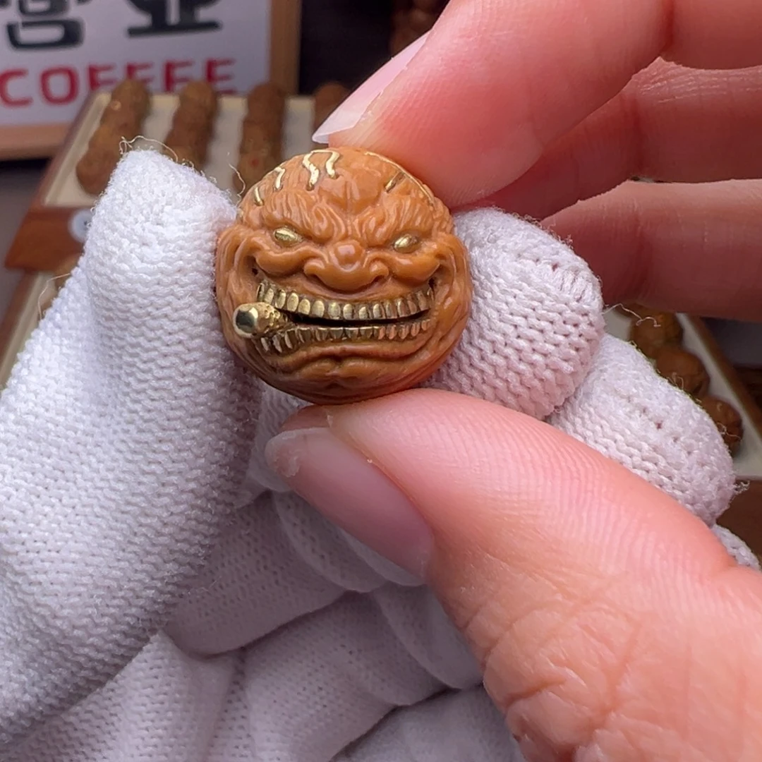 把件猴头核桃镶嵌款火焰纹烟鬼全品有正常封口线