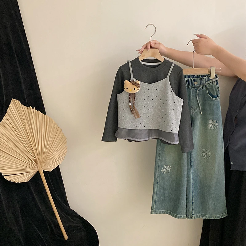 【安安家】秋季女童洋气波点打底长袖花花牛仔阔腿裤潮三件套R25490