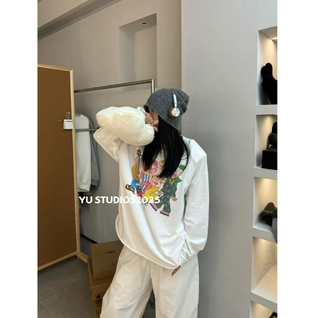 【现货-春款】2025東room春季新款韩版创意卡通人印花长袖垫肩T恤女