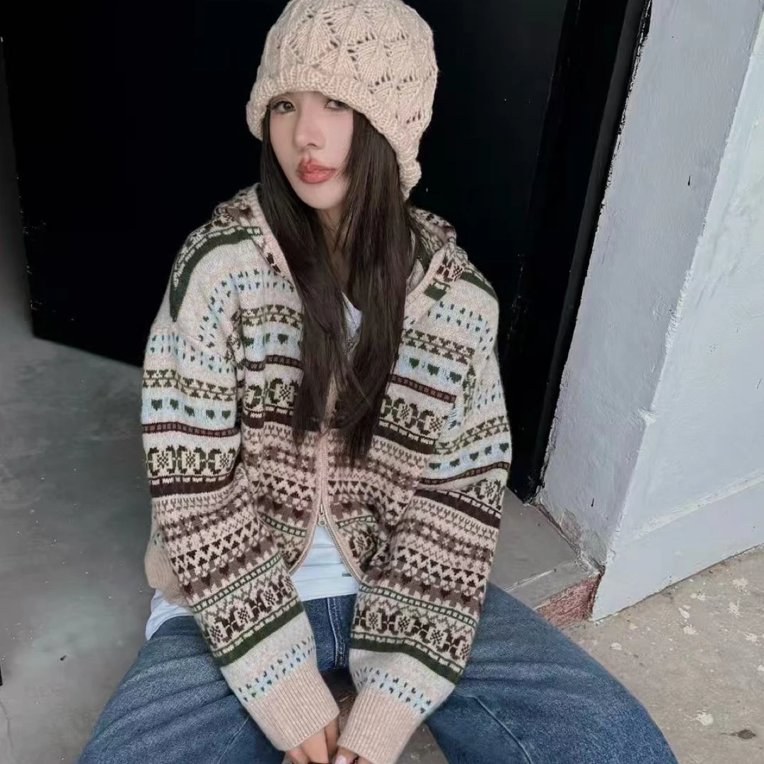 北欧费尔岛针织提花连帽上衣外套4759