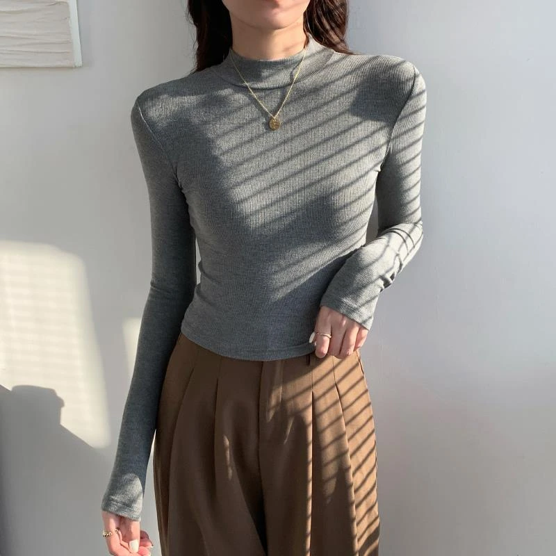 HTKD灰色短款半高领打底衫女内搭春秋冬2025新款洋气修身紧身长袖