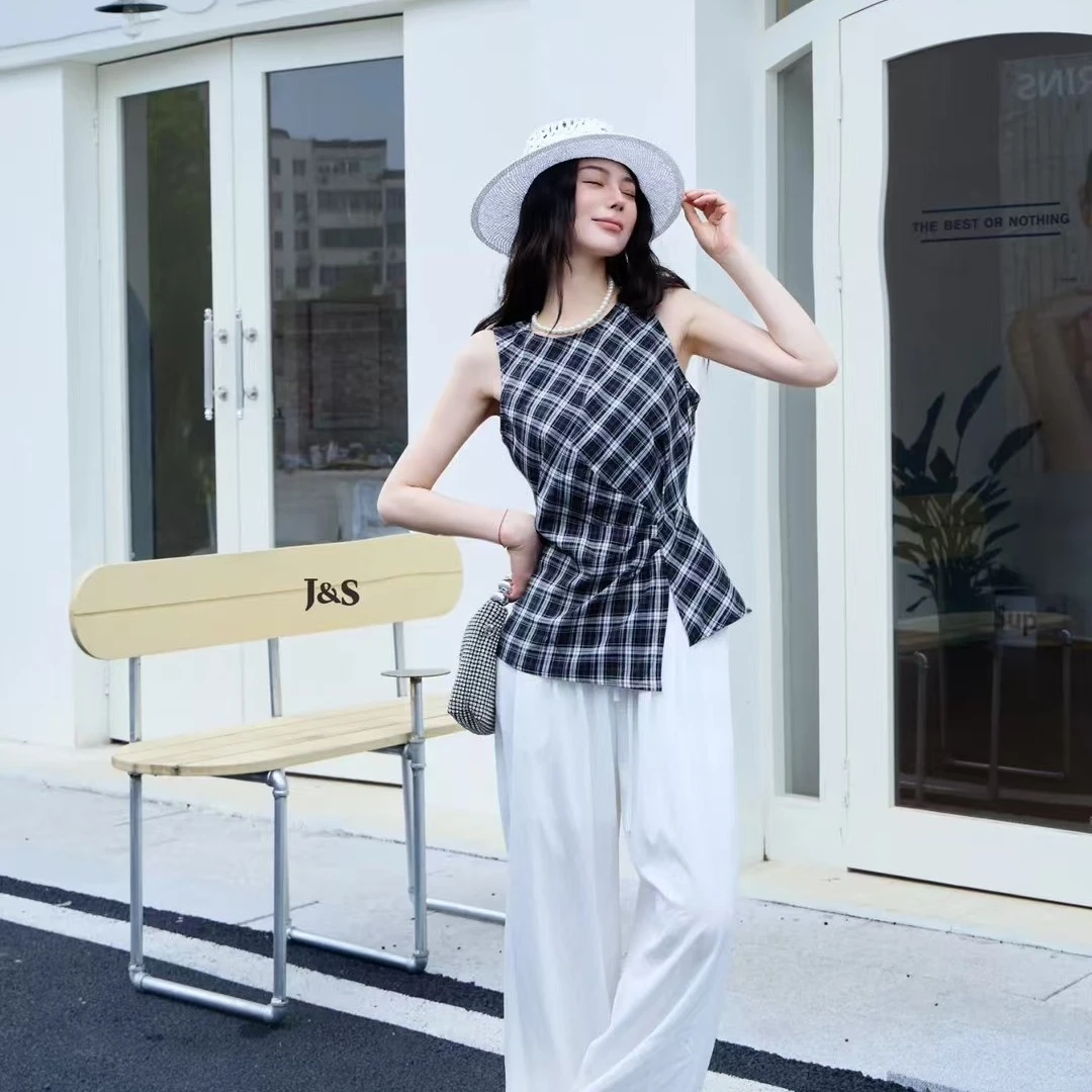 夏季圆领套头无袖扭结褶皱显瘦不规则格子背心上衣女