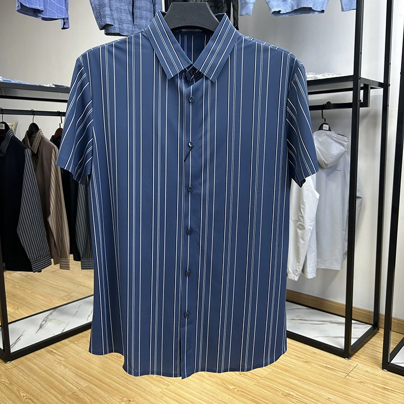 速干高弹力透气丝滑尖领短袖衬衫夏季修身条纹衬衣Y5T0162