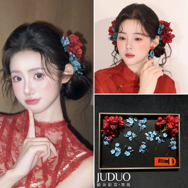 新娘头饰红蓝色拼接仿真花可做造型