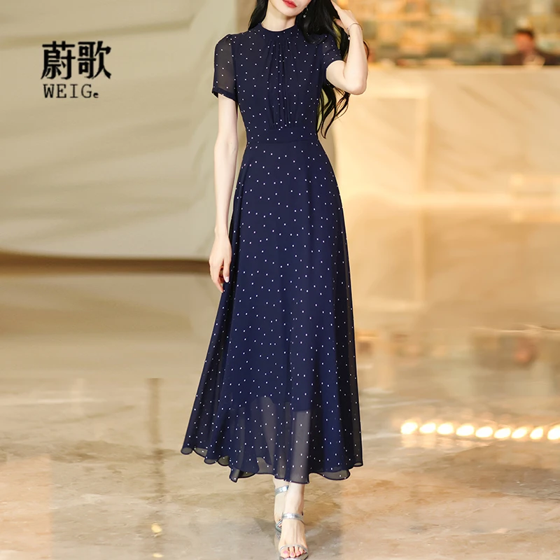 藏青色小波点立领气质大摆长裙2025夏季新款优雅显瘦连衣裙2551-C