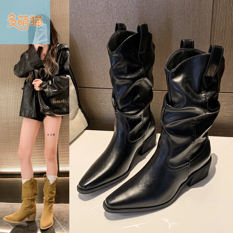 秋冬新款复古尖头粗跟西部牛仔靴中筒瘦瘦靴骑士靴褶皱堆堆靴女