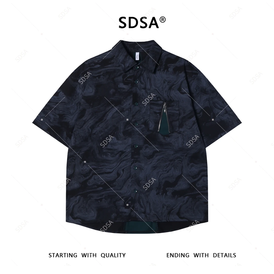 夏季高级感新款男士水波纹设计拉链装饰短袖衬衫日系休闲口袋上衣