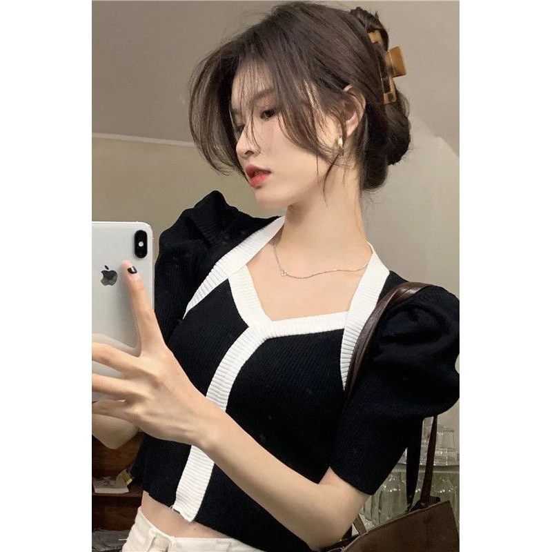 显瘦针织夏季小众拼接撞色设计感女装气质短款修身别致上衣黑色20