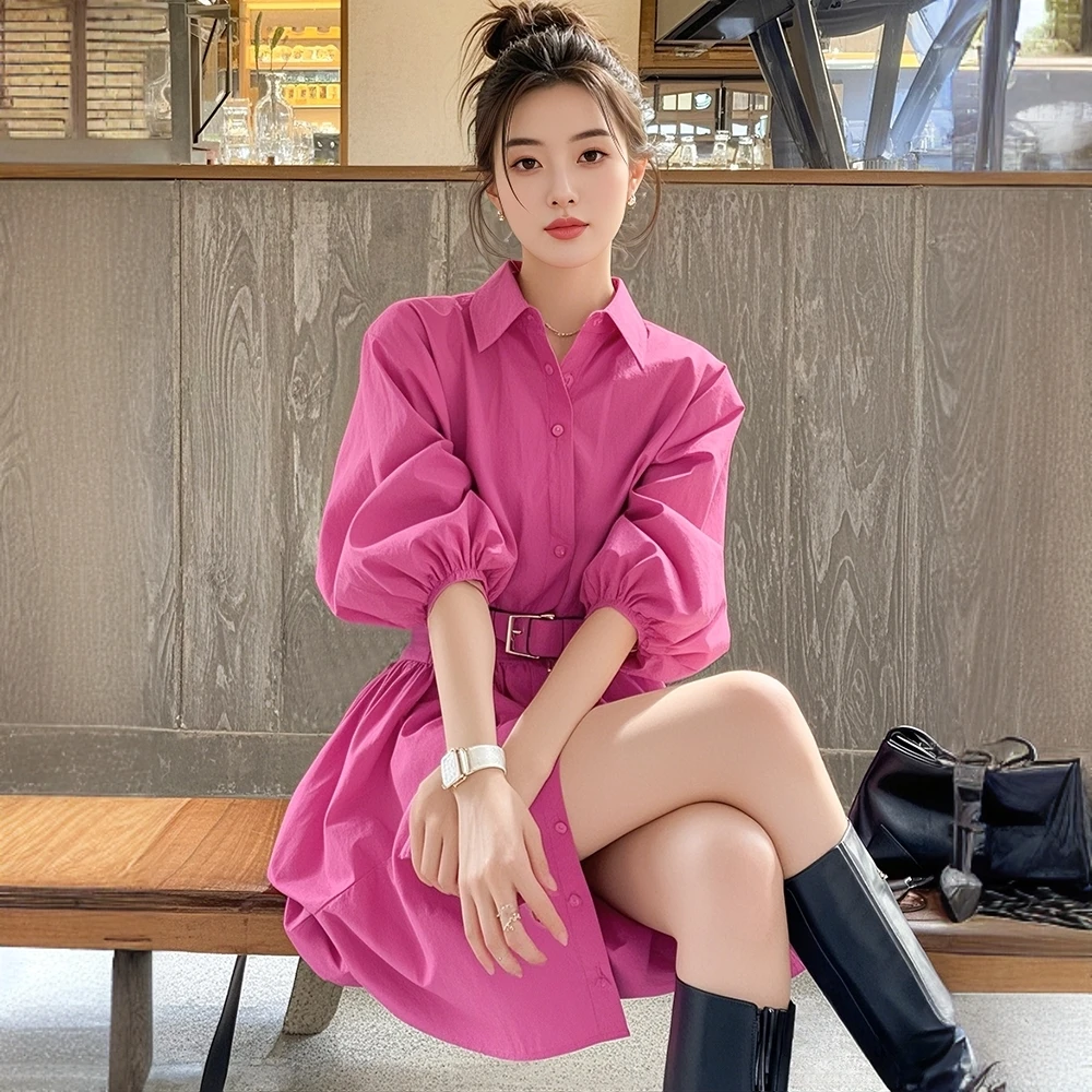 轻奢高级感小众玫红色翻领连衣裙女2025年春季超火新款气质衬衫裙