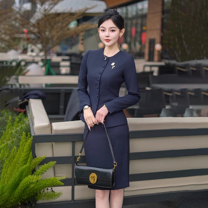 高端纯色圆领西装套装职业正装面试工作服女春秋慵懒显瘦气质