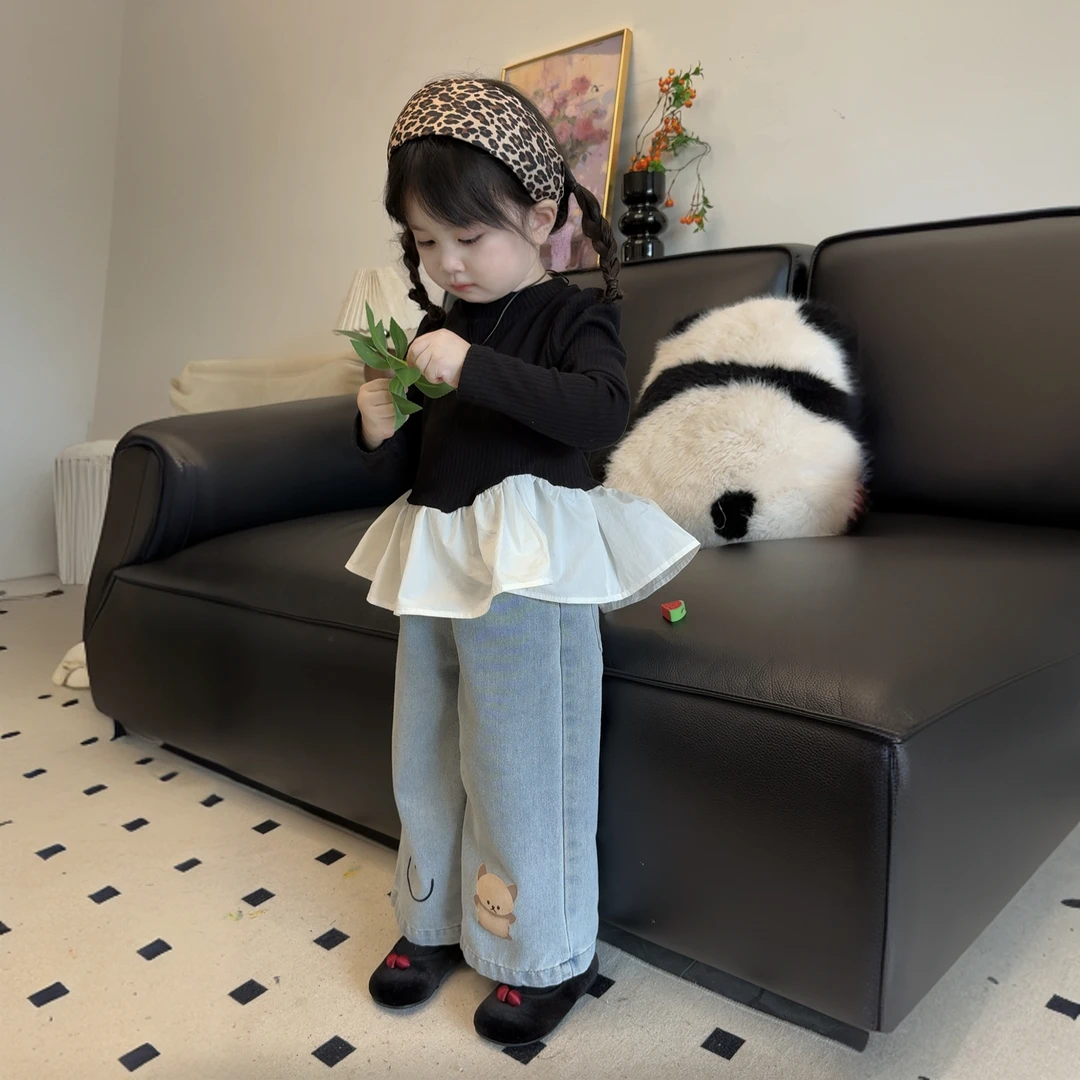 女童套装春季2025新款洋气时髦儿童百搭荷叶边长袖上衣卡通牛仔裤