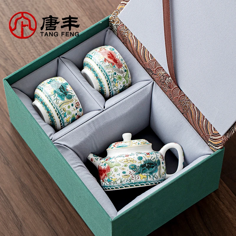 唐丰鱼藻纹一壶两杯二人茶具礼盒家用高端白瓷泡茶专用送长辈父亲