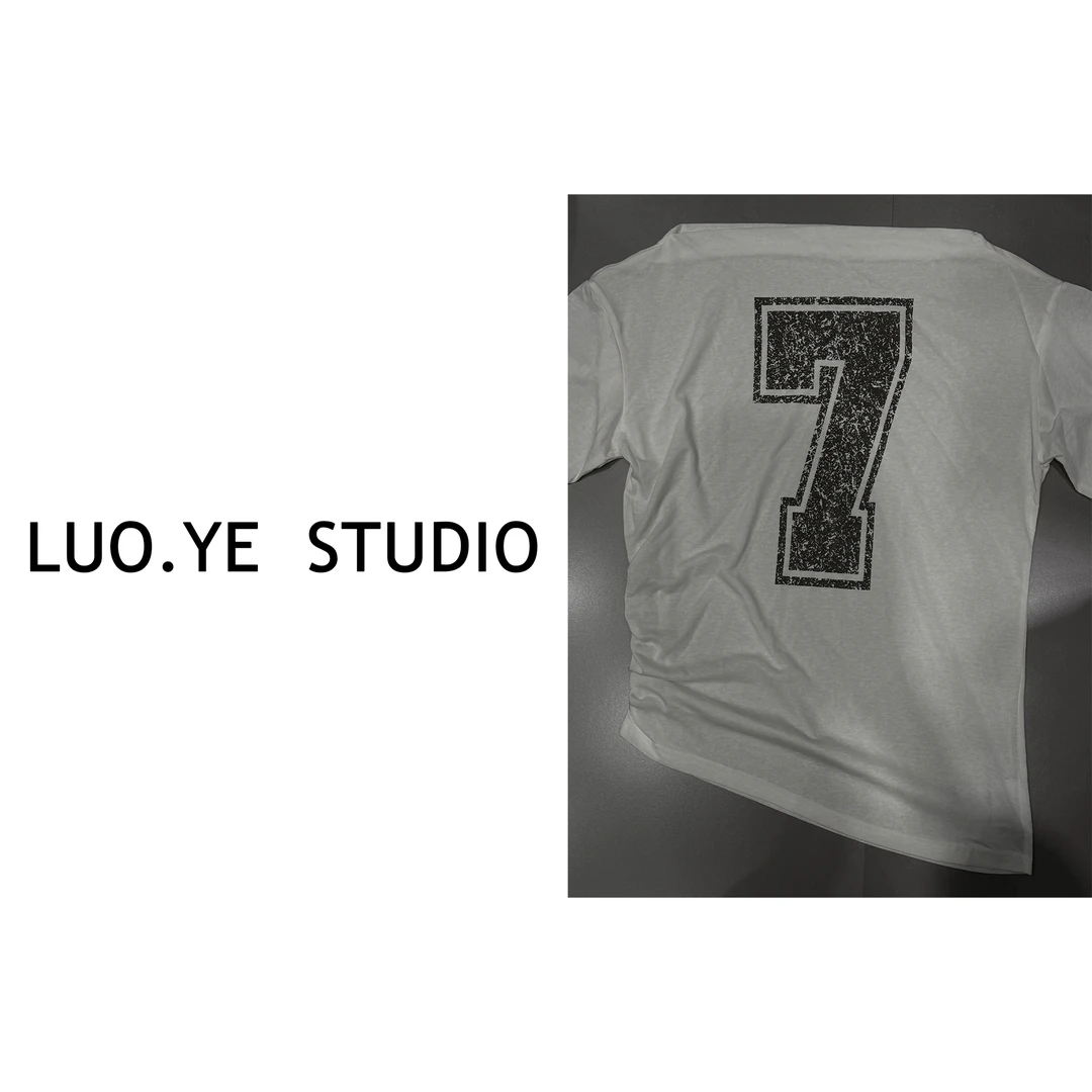 罗爷 · 【海盐糖】数字7拉肩T恤短袖上衣女2025春夏时尚休闲百搭