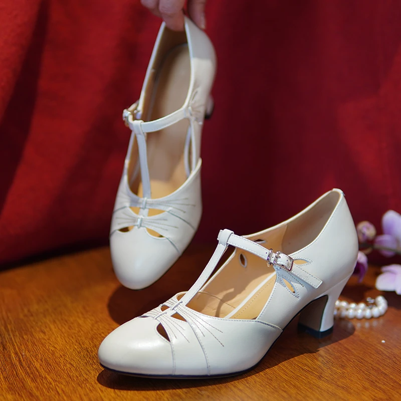 LSWD真皮 | 4.5CM | 复古民国风T字带中古中跟凉鞋女鞋杏头 2506