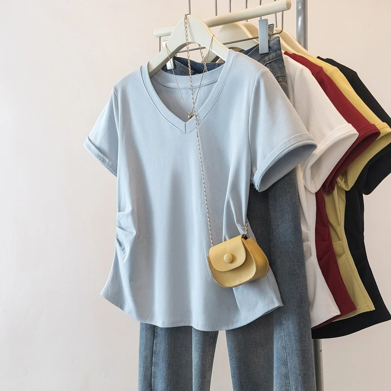 不规则v领正肩短袖t恤女夏大码胖mm遮肚子显瘦设计感褶皱收腰上衣