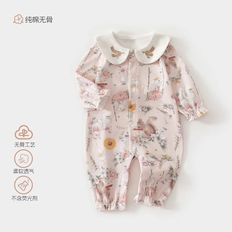 【萌】春秋季宝宝连体衣长袖小花哈衣新生儿卡通爬服外出服打底碎花