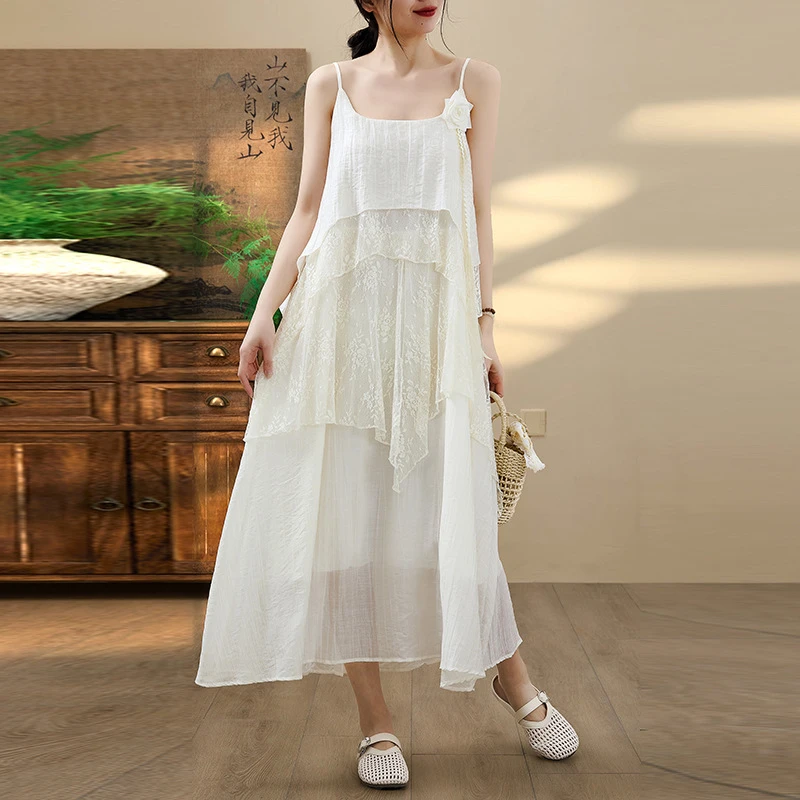 wyss7191复古国风白色扎染吊带连衣裙女2025夏季新款民族风沙滩裙