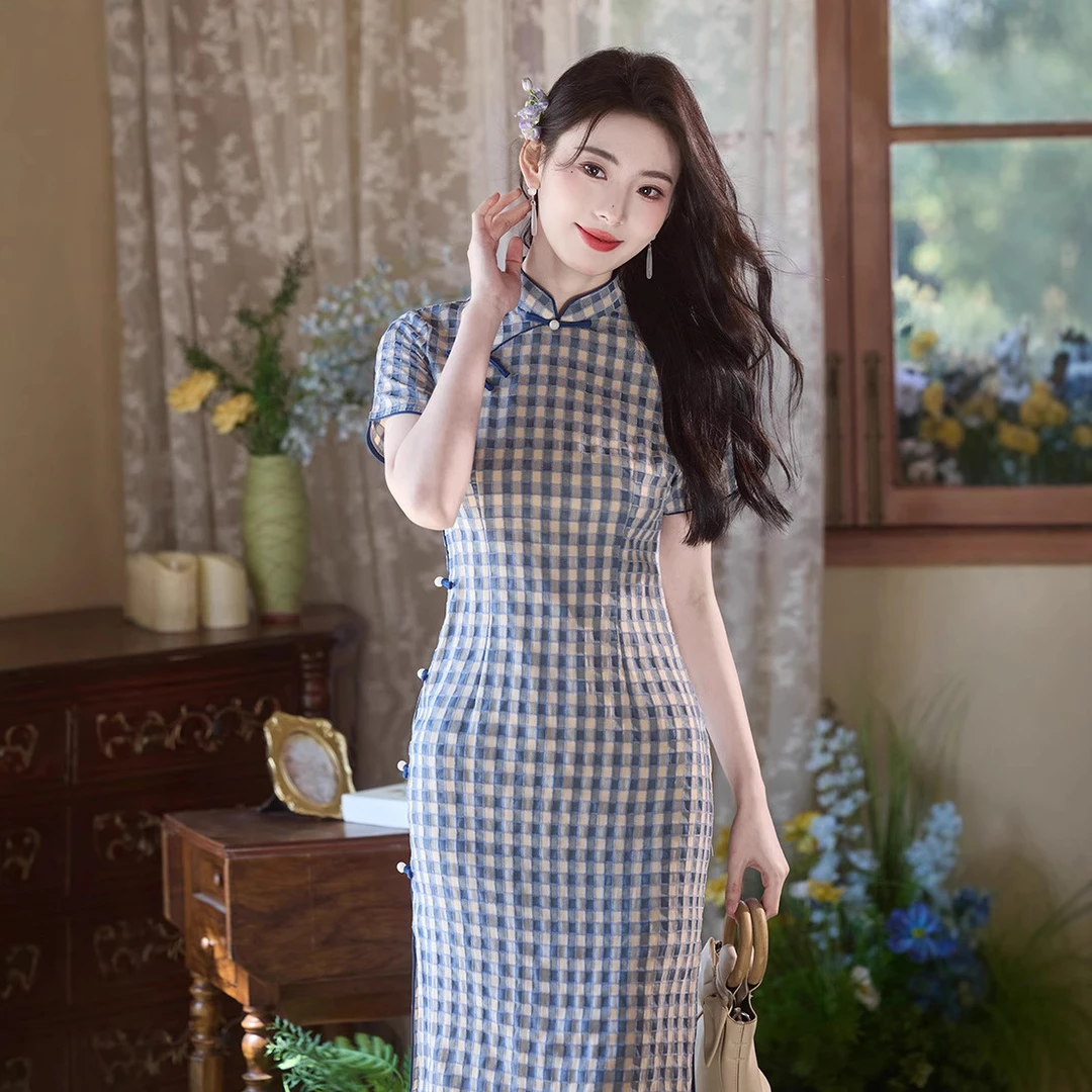 旗袍年轻款2025小格子蓝色学生民国夏季新款新中式改良少女依恋唐