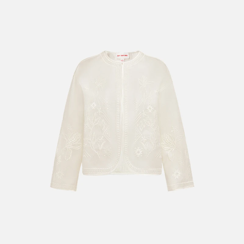 EP雅莹2025新款女装 新中式桑蚕丝丝欧根缎刺绣白色短外套1279B