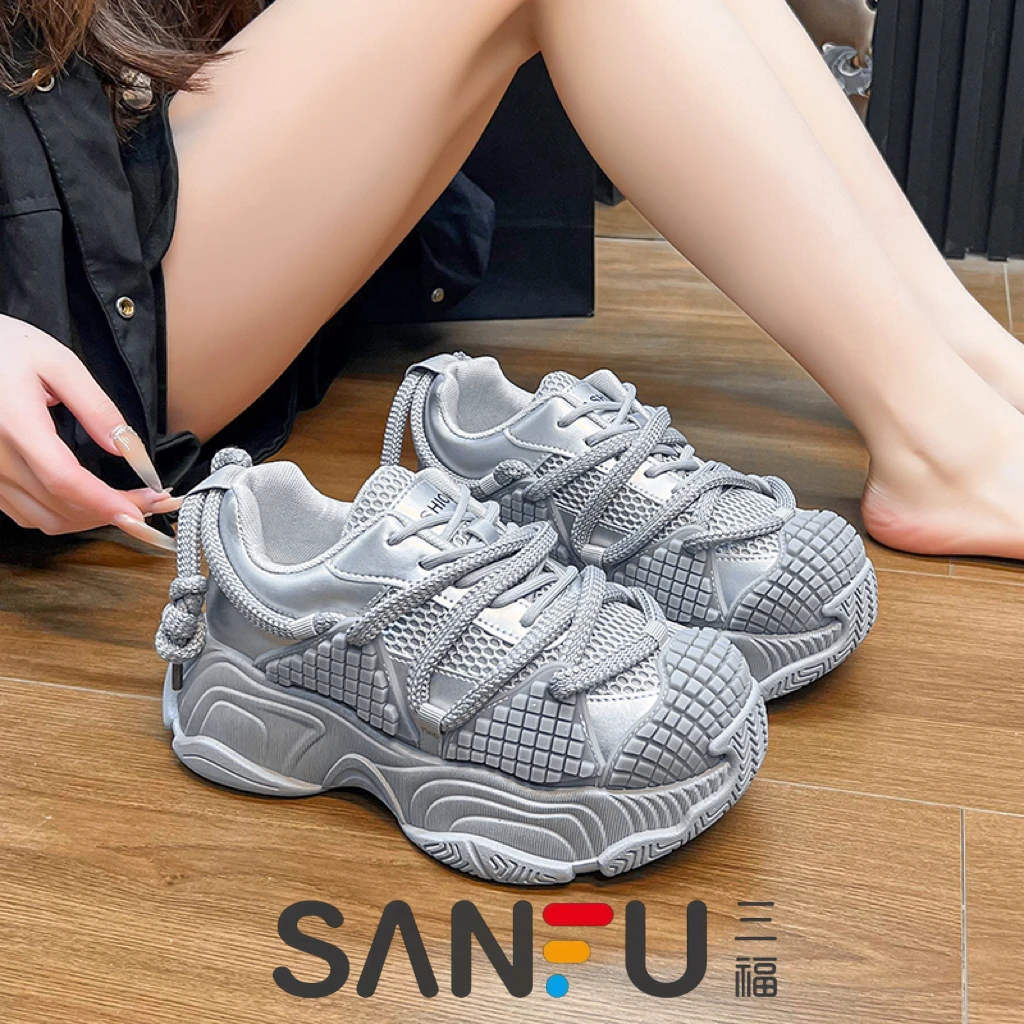 三福绑带网面厚底老爹鞋女2025年春季新款时尚百搭休闲百搭运动鞋
