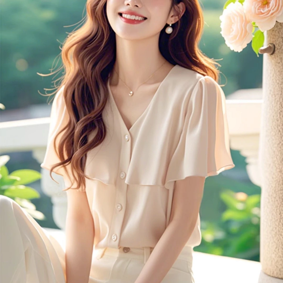 法式独特绝美小上衣荷叶边设计感米白色v领短袖雪纺衬衫女士夏款