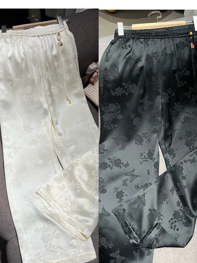 《佩佩定制》时尚中国风休闲新中式阔腿宽松百搭珍珠锻直筒裤5001